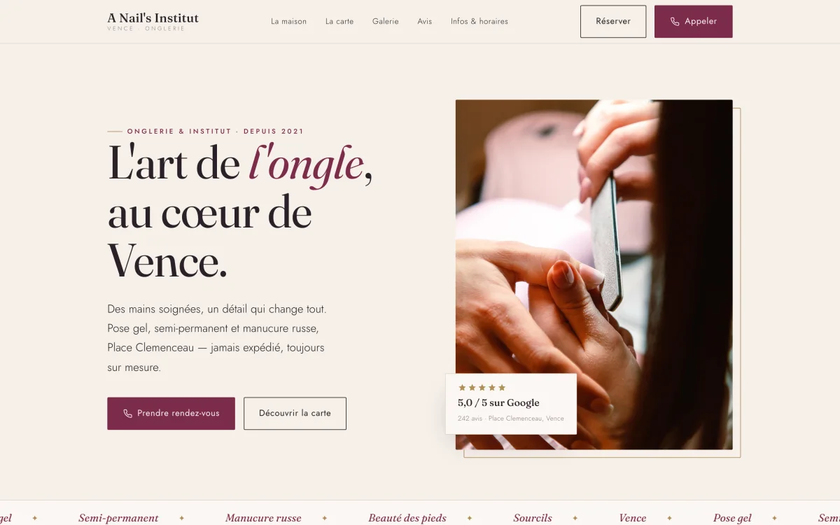 Site vitrine de A Nail’s Institut, Vence