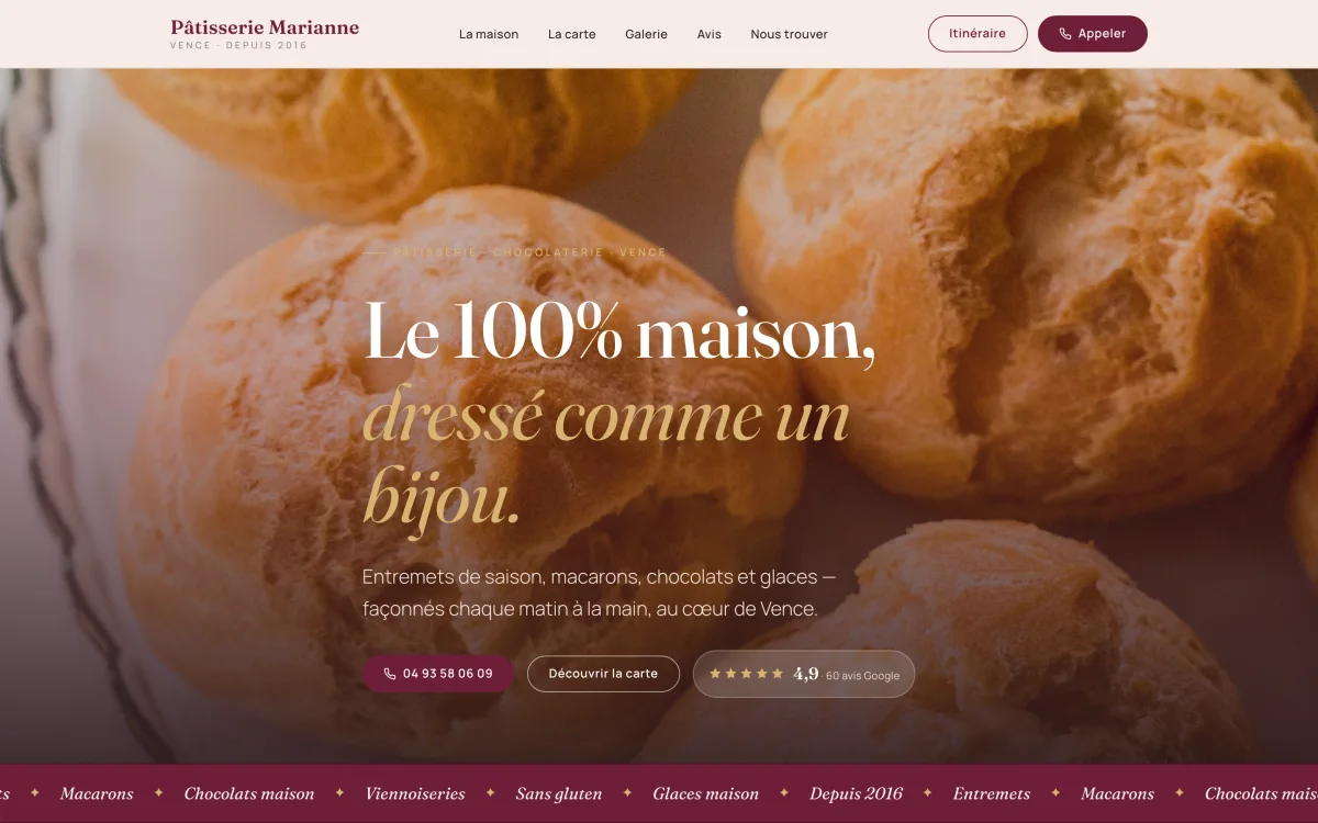 Site vitrine de Pâtisserie Marianne, Vence